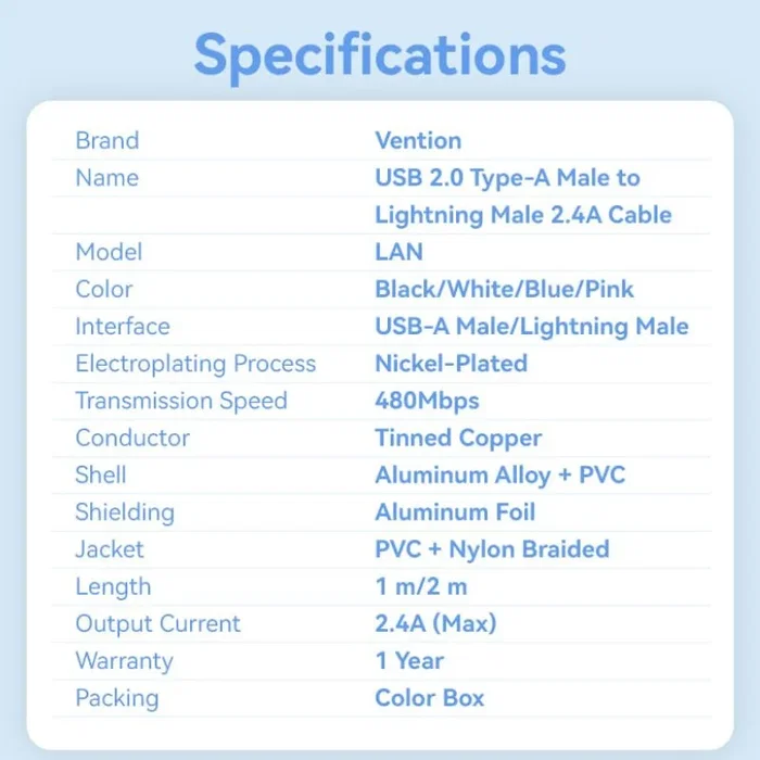Vention Cable USB a Lightning LANWF Blanco 1m Vention Cable USB a Lightning LANWF Blanco 1m